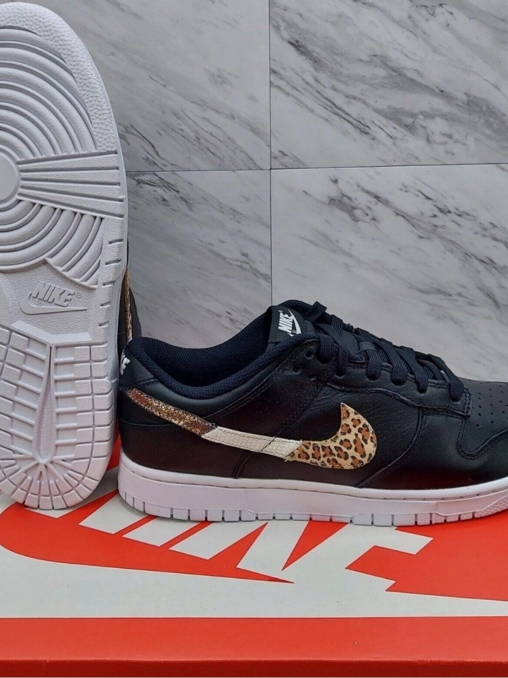 Nike Dunks Women’s Black Low-Top Sneakers with Leopard Print Swoosh 11